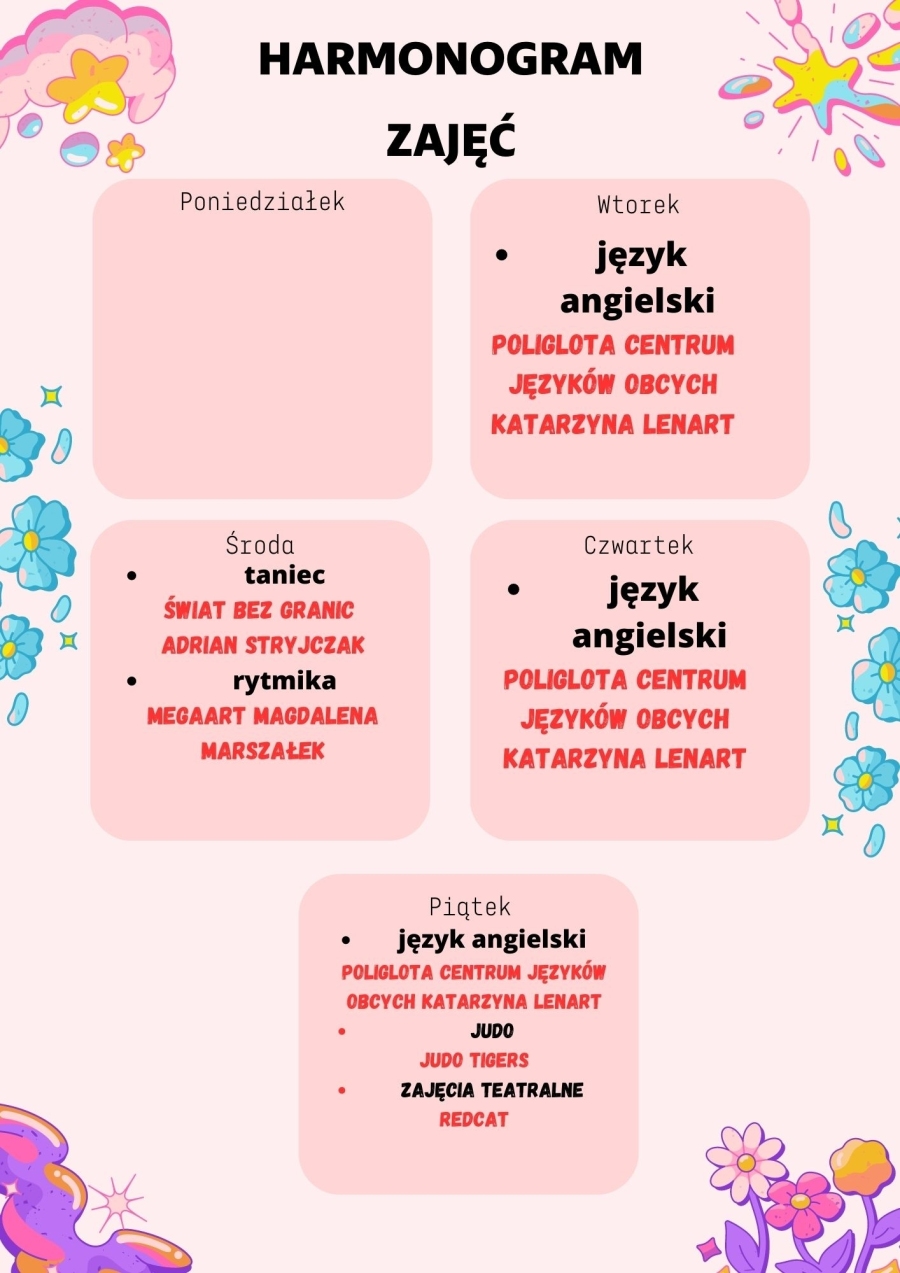 Harmonogram zajęć dodatkowych w roku 2022/2023